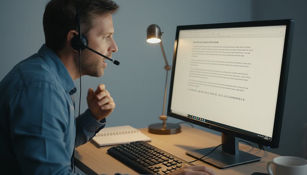 Agent de support client avec casque micro travaillant sur un ordinateur de bureau, répondant à une demande d’assistance en ligne